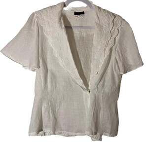 80s True Vintage 100% Linen Handmade Short Sleeve Romantic White Blouse